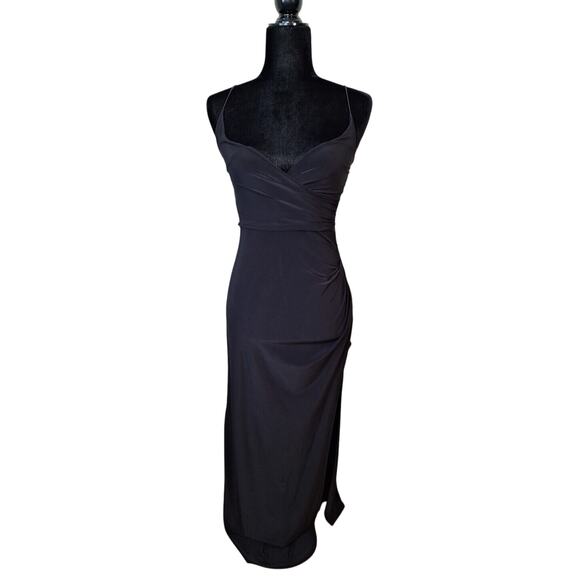 Nasty Gal Black Slinky Maxi Slip Dress High Slit Ruched Women Size 2 Party Goth - Picture 1 of 8